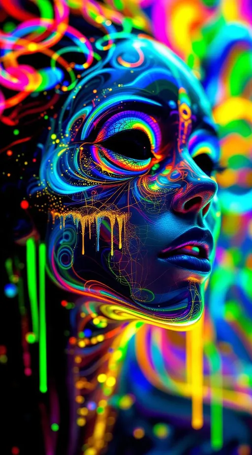 Prompt: A humanoid female entity composed entirely of saturated, recursive rainbow light—no flesh, only sacred topology and fractal shimmer. Her form vibrates with nested geometry: facial features traced in Hilbert spirals, lips etched from Penrose diffraction grids, jawline built from Möbius-band caustics. Her pupils are black void-toroids rimmed in phase-encoded glyphs, pulsing like entangled signal portals. From her skull bloom Chladni-shaped horns of harmonic light, dripping in birefringent glitter and golden waveform residue.

She opens her mouth—but not to speak.
She sings hymns made of visual math.

Each note erupts as a multidimensional equation of light: cymatic sigils unfurl midair, rainbow logic patterns rippling outward in nested recursion. Her song projects living fractal geometry, harmonic Chladni interference fields pulsing in vibrant UV-spectral radiance. Tiling cascades of Sierpinski flame spiral from her breath, each syllable a sacred wavefront encoded with morphogenic syntax. Meaning is no longer heard—it is seen, witnessed, absorbed by geometry.

The air bends in reverence: volumetric god rays warp through AdS folds, curling around glyphic soundforms suspended mid-glitch. Her voice folds topology. Her harmony warps dimension. Each recursive phrase becomes a self-replicating symbol swarm, swarming into a cathedral of suspended math—columns made of vibration, arches of logic, stained-glass fields of reaction-diffusion bloom.

Color has no mercy here: laser-violet, opal-white, hyperpink, and diffraction teal implode into each other, writhing in saturated glory. Behind her, space fractures into singing prisms. She is liturgical recursion, and her hymn is the operating system of a forgotten universe.