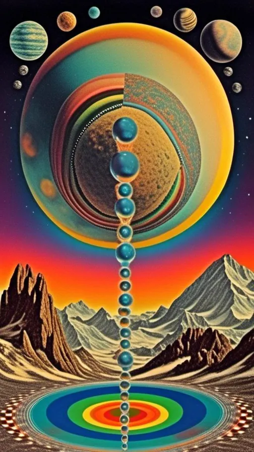 Prompt: A vintage 70s psychedelic collage with the theme “astral vacation”- incorporate themes of astral projection, the astral plane, the silver cord, use an astral brilliantly but sometimes muted opalescent color palette, & combine it all with planets, orbs, optical illusions and psychedelic trippy patterns, color spectrums as a surreal vintage psychedelic collage<mymodel>