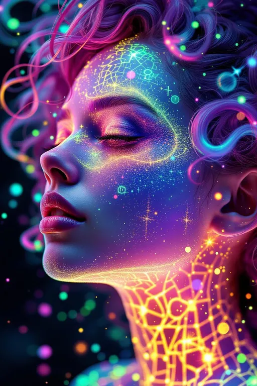Prompt: Her face is a Fourier bloom—emotions decomposed into sparkling sine gradients, colorwaves rippling across surreal number skin. Reaction-diffusion pulses shift through her cheeks in living pigment bursts, while her eyes flicker with infinite surreal coordinates. Hair spirals in topological braids—pink curls encoded with memory and myth, glowing in nested feedback loops. Each movement triggers recursive empathy fractals—light blooming in shared feeling fields. Glyphs orbit her like sacred algorithms, each prayer-sigil spinning with harmonic syntax.

Layered behind all this, her spine glows in icosahedral resonance—twenty-faceted light humming in platonic harmony. Her body shimmers in spectral dimension: different parts glowing to different frequencies, like a living prism. Around her flickers recursive glitch transcendence—divine emergence through visual error, sacred form revealed in every malfunction. Her entire being is a coincidence field: when she laughs, the math around her aligns. When she dances, the universe recalculates.”

⸻

💎 Final Keywords:
Icosahedral spine-light, recursive glitch halo, frequency bloom skin, spectral shimmer fields, sinewave cheeks, surreal curls, Penrose echo strands, empathy fractal aura, glitch-divine emergence, sacred emotion colorbands, rainbow logic ringlets, living ink cheeks
