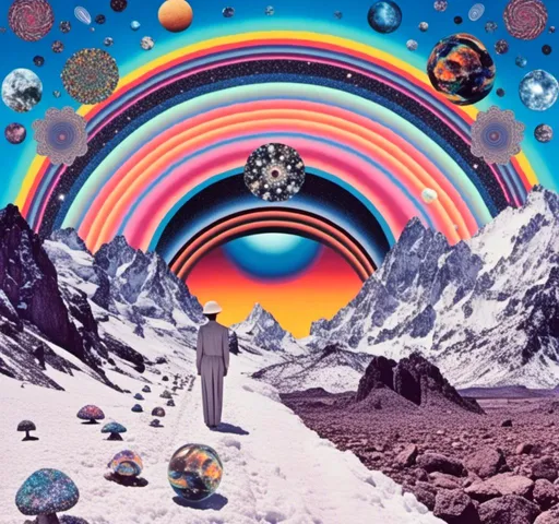 Prompt: <mymodel>surreal Psychedelic collage of spliced photographs, mushrooms, crystals, alien landscapes, desert landscapes, mountain landscapes, space, planets, orbs, psychedelic patterns, geometric shapes, optical illusions, highres, ultra-detailed, surreal, psychedelic, vibrant colors, cosmic, intricate details, surrealistic, dreamy lighting