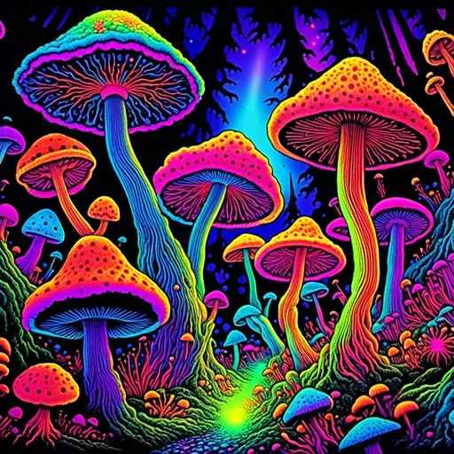Prompt: <mymodel>Psychedelic psilocybin's cubensis mushrooms, 70s black light poster, vibrant colors, hallucinatory fractals, trippy atmosphere, intense psychedelic experience, glowing mushrooms, surreal, vibrant, high quality, detailed illustration, black light style, psychedelic, hallucinations, colorful, fractals, vibrant colors, intense lighting