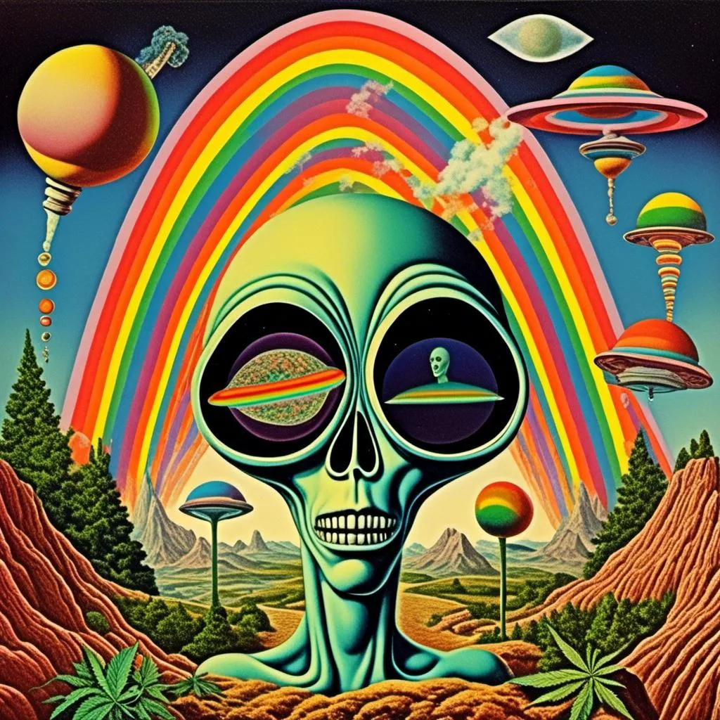 Prompt: A surreal vintage 70s psychedelic sci-fi collage involving- aliens, UFOs, cannabis, marijuana, aliens smoking reefer, aliens smoking weed out of a bong, spliced in with alien surreal landscapes, geometric shapes, optical illusions or trippy psychedelic patterns, planets and starts, rainbow spectrums<mymodel>