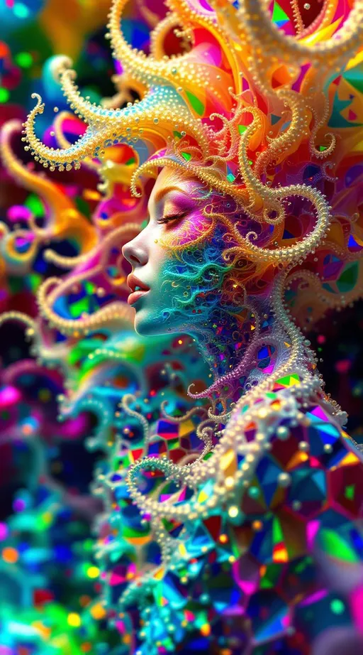 Prompt: Render a female fractal entity composed of recursive rainbow geometries, her form constantly blooming and collapsing in kaleidoscopic layers. Her body is a living Mandelbrot cascade, each limb fractally subdividing into glimmering shards of rainbow light. She is born of a holofractal disco-dimension where space curves like a spinning mirror-ball and time spirals in recursive loops, echoing to the eternal pulse of a 1970s Studio 54 beat. Her skin refracts time, glittering with every possible moment reflected infinitely across crystalline facets. The background is a hyperdimensional disco fractal, merging Euclidean and curved holographic symmetries. Clothing is recursive: iridescent patterns of hexagonal tiling resembling Menger sponges, animated by syncopated light pulses.”