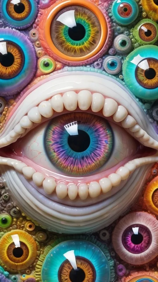 Prompt: an extremely hyper realistic ultra super textural weird trippy surreal psychedelic entity, white, translucent, clear, bright bright pastel colors, oil slick rainbow sheen effect, lots and lots of light, lots of crazy colorful compound psychedelic human eyes, rows of human teeth, fungus, atoms, diatoms, diophantine spirals