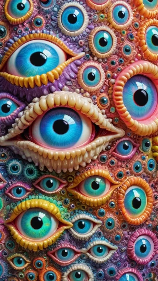 Prompt: an extremely hyper realistic ultra super textural weird trippy surreal psychedelic entity, Cardioid Shapes, white, translucent, clear, bright bright pastel colors, oil slick rainbow sheen effect, lots and lots of light, lots of crazy colorful compound psychedelic human eyes, rows of human teeth, fungus, atoms, diatoms, Cardioid Shapes