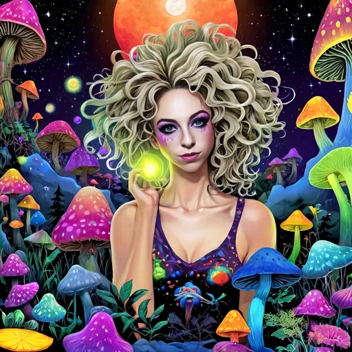 Prompt: A psychedelic trippy bright colorful vivid black light poster illustration of a girl with longish blond curly hair, with psychedelic magic mushrooms, trippy hallucinations, optical illusions and patterns, crystals, moss, forest, moon, geometry fractals