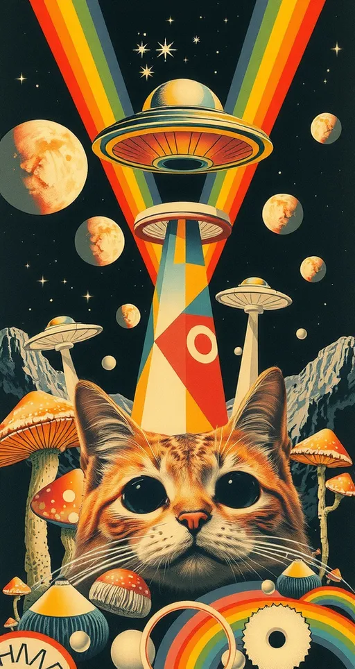 Prompt: <mymodel> Vintage 70s psychedelic surreal sci-fi Collage, analog, cut & paste, outer space, rainbows, spectrum, optical illusions/trippy patterns, surreal alien landscapes, UFOs, « little green men », psilocybin mushrooms, geometric shapes , planets, orbs, black night sky with stars, in the center, cats, 