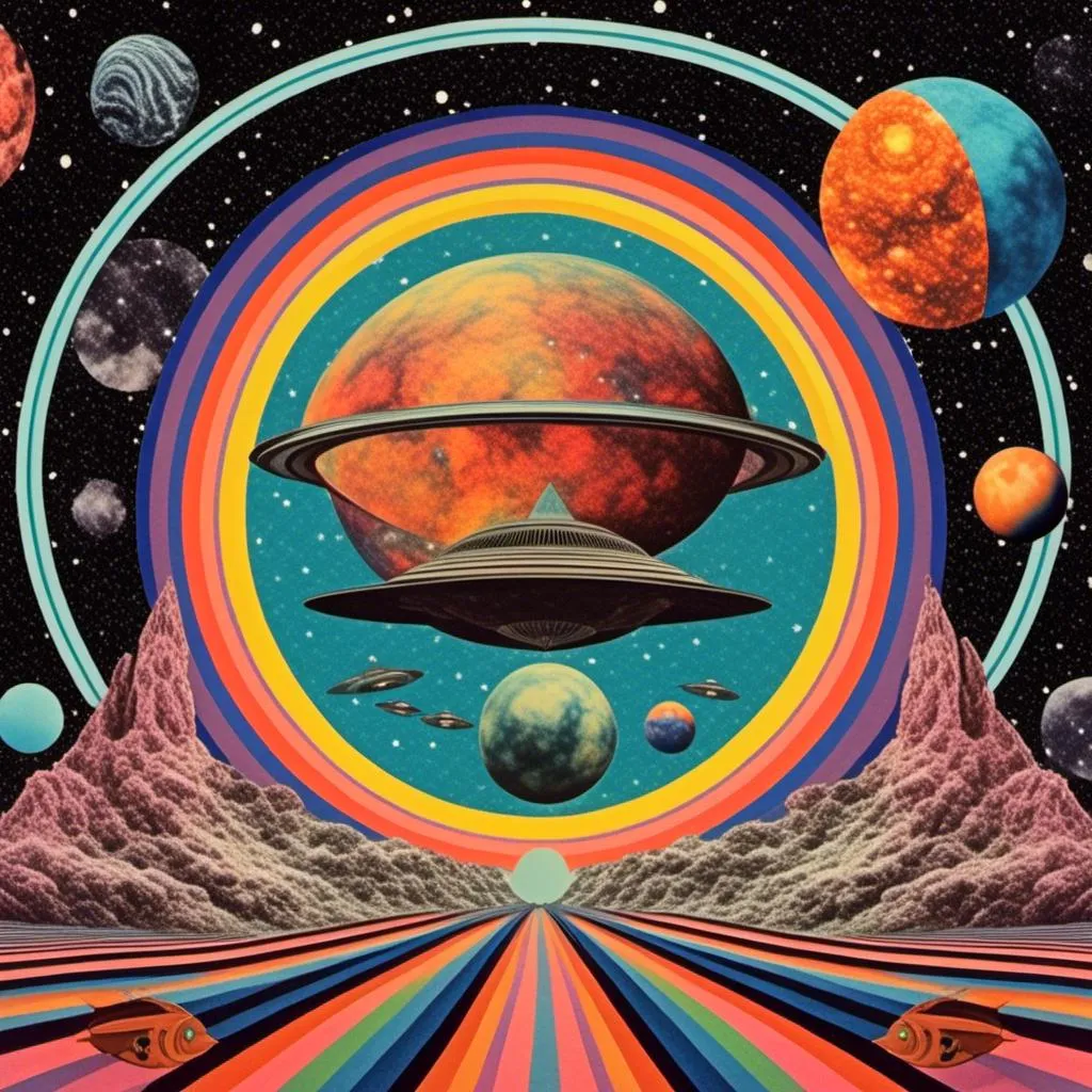 Prompt: a psychedelic collage with a vintage 70s sci-fi animation feel to it except the subject matter will be CATS IN SPACE! The collage will have elements of photography, illustration, trippy patterns and optical illusions, alien landscapes, strange trippy planets, UFOs,, meteors, all cut and spliced together in a psychedelic collage style <mymodel>