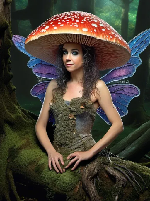 Prompt: <mymodel>Photorealistic image of a beautiful sparkling mushroom fairy queen, mycelial wings, fungus dress, enchanted forest backdrop, intricate details, lifelike textures, realistic lighting, woodland fantasy, high detail, ultra-realistic, photorealism, mushroom fairy, mycelium wings, woodland, enchanted, realistic textures, natural lighting, nature fantasy, forest setting