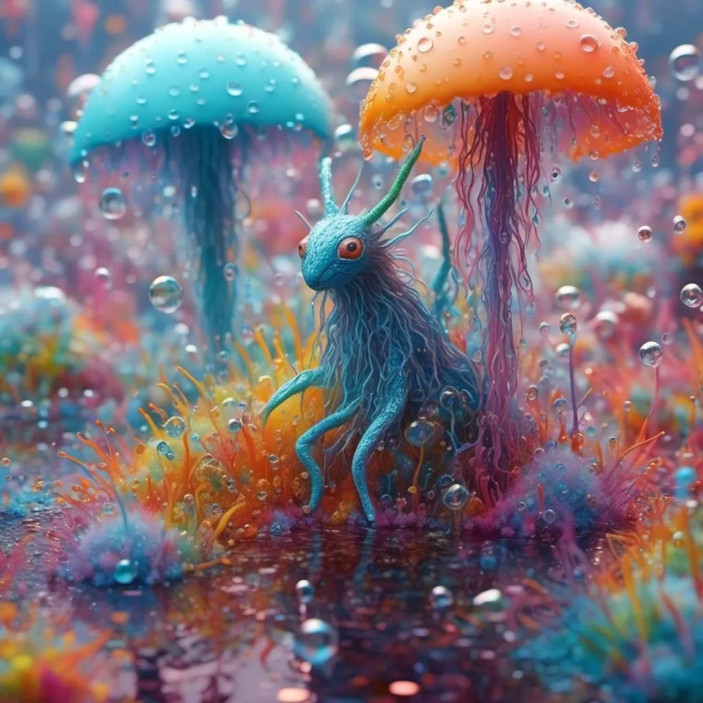 Prompt: <mymodel> an extremely hyperrealistic ultra textural life-infused, living breathing rainbow creature, a living creature made of water droplets and bent rainbow light/spectrums, with white puffy clouds, droplets of water, rain, mist, lots of light, prism reflections, spectrum creature, , extreme organic & mineral textures