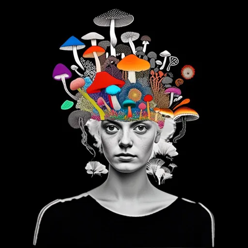 Prompt: A mixed media collage of a black and white photograph of a young woman growing all kinds of colorful multimedia psychedelic mushrooms and fungus out of her body (incorporate things like- but are not limited to - vibrant paints, enamels, glitters, metallic foils, newspaper and magazine cut paper, paint spatter, etc)<mymodel>