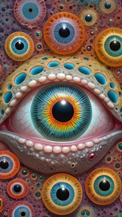 Prompt: an extremely hyper realistic ultra super textural weird trippy surreal psychedelic entity, Kleinian Groups, apollonian gaskets, catenoids, white, translucent, clear, bright bright feminine pastel colors, oil slick rainbow sheen effect, lots and lots of light, lots of crazy colorful compound psychedelic human eyes, rows of human teeth, fungus, radiolarians,  atoms, diatoms, enneper sufaces, apollonian gaskets, Kleinian Groups