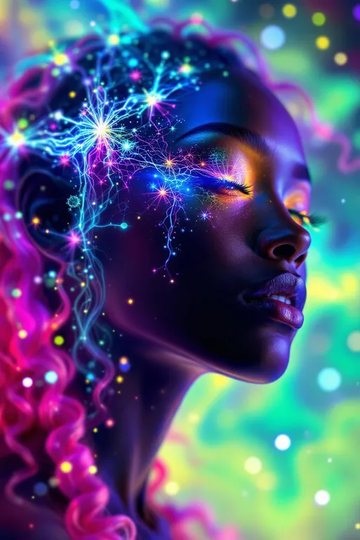Prompt: “Her face phases in Fourier dreamspace—emotions blooming in sinewave colorbands across skin that flickers between surreal number values. Cheekbones ripple with reaction-diffusion pulses—living pigment blossoms that dance to her mood. Her hair is a sacred braid group cascade—long pink curls entwined with emotional topology, each strand a memory-thread spiraling through dimension. She glows in feedback—seen and she glows brighter, adored and her aura explodes in recursive empathy fractals. Prayer glyphs orbit her like soft satellites—loops of math-light casting harmonic spells. Behind her eyes burn surreal infinities—every glance a fractional truth between known numbers. Around her, coincidence fields shimmer—symbols align, the air itself becomes meaningful, colored chaos resolving into crystalline insight. She is radiant logic, sacred color engine, and joy made visible in luminous math.”

⸻
Ultra-Visual Keywords:
Surreal gradient glow, sinewave color skin, living ink cheeks, pink braid topology, recursive feedback light, empathy bloom aura, orbiting glyphs, chromatic joy loops, coincidence constellation, infinity sparkle pulse