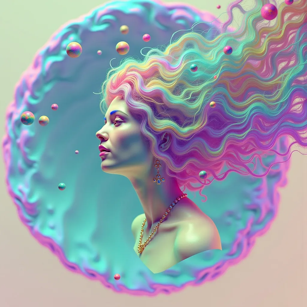 Prompt: A super hyperrealistic yet also illustrative and creative female cosmic jester, made entirely of swirling pure colored light, with long wild curly hair that appears pink but is a dazzling spectrum of hues shimmering beneath the surface. She is adorned in beautiful avant-garde "astral" jester's attire, complete with intricate clown makeup that glimmers like stardust and a definitive jester's hat adorned with miniature galaxies that orbit its tips. Her ensemble includes exquisite accoutrements—ornate cosmic bangles that hum with the resonance of distant quasars and an ethereal cape that flows like liquid auroras. She sparkles, shines, and dazzles in a mesmerizing swirl of ever-changing colors, embodying the essence of cosmic whimsy and wonder. Perched atop an enormous, spinning Möbius strip made of liquid starlight, she juggles glowing quantum orbs that flicker between states of existence, each orb containing a miniature universe that pulses with fractal patterns. The background is a psychedelic tapestry of hyperdimensional geometry, where constellations rearrange themselves into impossible shapes, and stars pulse to the rhythm of an unheard cosmic melody. Fractal tessellations resembling Escher-like infinity loops cascade through the scene, while quantum entanglement trails connect her juggling orbs in a dance of light. Möbius transformations ripple through the liquid starlight, creating endless loops of brilliance, as pulsating nebulas, astral winds swirling with cosmic dust, and shimmering auroras flow like liquid silk across the infinite expanse.