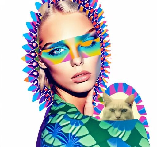 Prompt: A psychedelic collage featuring a photograph of a woman with blond curly long hair. The photo is cut and spliced with other photos - of cats, eyes, body parts, roads, landscapes, trippy optical illusion patterns, pickles, hamburgers, realistic  desert, alien  landscapes, geometric shapes etc in such a way that she has a psychedelic open third eye, in a psychedelic cut and paste collage <mymodel>