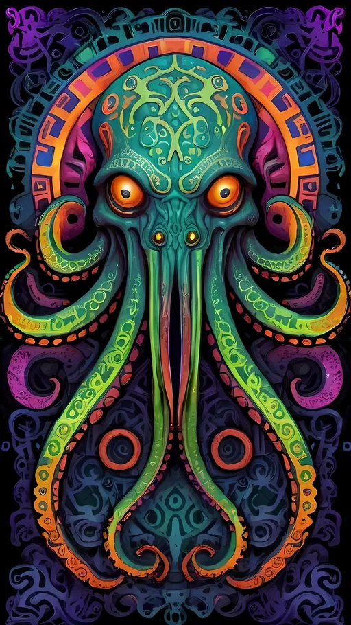 Prompt: a psychedelic tribal primal style Cthulhu, tribal patterns, bright psychedelic colors effigy, eldritch, lovecraftian, elder god, tentacles, cthulhu ftaghn, nonEuclidean geometries, rhlyeh, miskatonic