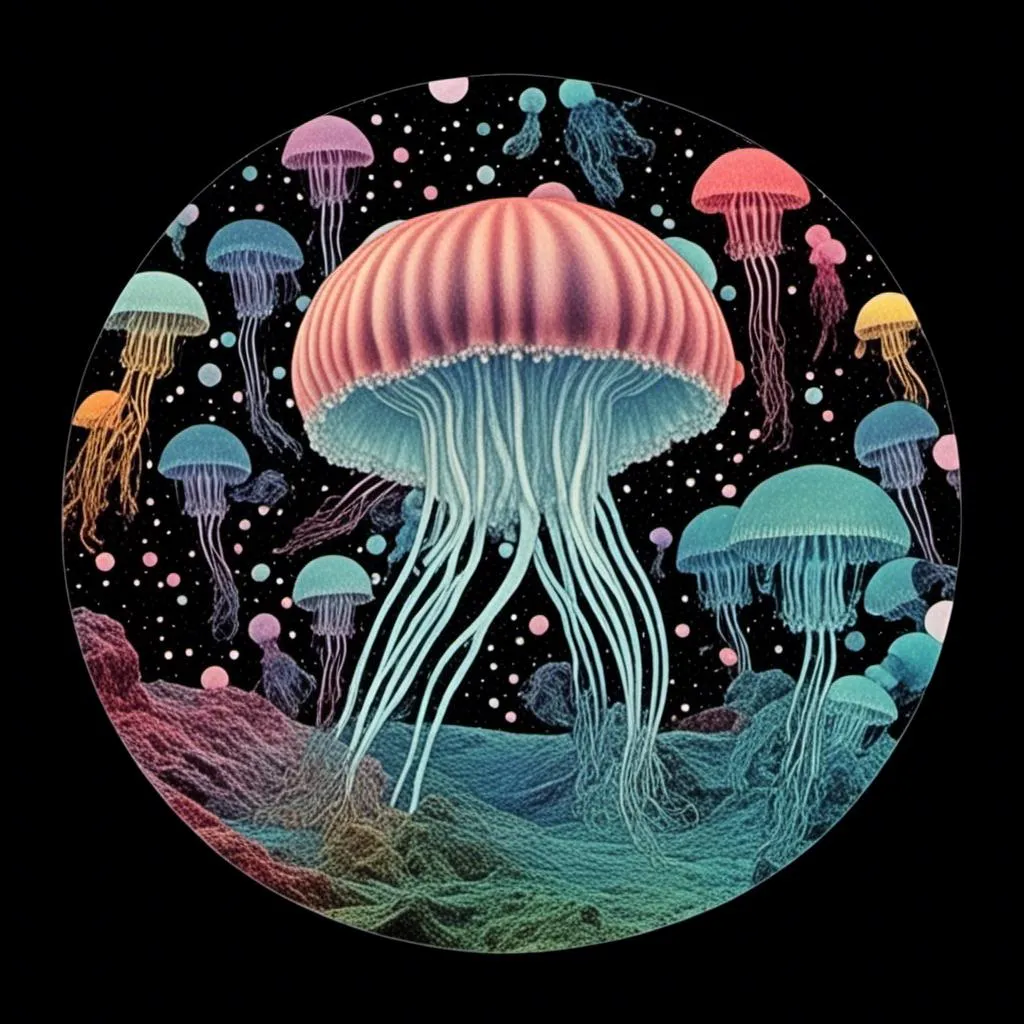 Prompt: <mymodel>A psychedelic surreal collage featuring photographs and art of jellyfish in space, spliced with photos/art of bubbles, optical illusions/trippy psychedelic patterns, underwater seascapes, geometric shapes to create a surreal jellyfish psychedelic collage design