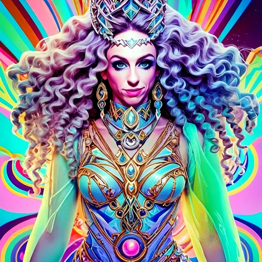 Prompt:  
"A radiant astral being with long wild curly hair dressed in avant-garde, iridescent clothing and accessories made entirely of sparkling light and fractals. The figure is glowing with cosmic energy, wearing an elaborate outfit that defies earthly fashion: flowing, asymmetrical designs with sharp angles and soft curves, crafted from swirling, colorful fractal patterns and shimmering, translucent light. The clothing features intricate details of kaleidoscopic geometry, glowing opalescent textures, and holographic accents that pulse with energy. Accessories include a bold, fractal crown or headpiece that radiates celestial light, statement earrings made of cascading star-like particles, and layered bracelets that refract into infinite rainbows. The overall vibe is futuristic, surreal, and unapologetically avant-garde, blending elements of high fashion with psychedelic aesthetics. The background is a glowing astral plane with swirling nebulas, fractal clouds, and sparkling cosmic dust, enhancing the ethereal and otherworldly vibe."
