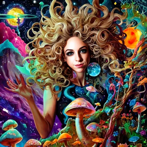 Prompt: A psychedelic trippy bright colorful vivid black light poster illustration of a girl with longish blond curly hair, with psychedelic magic mushrooms, trippy hallucinations, optical illusions and patterns, crystals, moss, forest, moon, geometry fractals