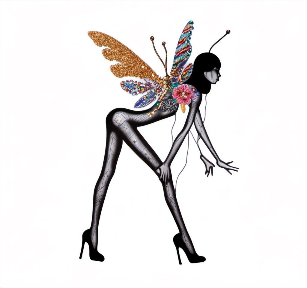 Prompt: a photograph of a woman (color or black and white) with multimedia elements added to create the appearance that she is a beautiful intricate moth, with moth wings and antennae created from paint, paper, photos, glitter, iridescent enamels, nail polish, rhinestones, thread and string, fabric, folded paper etc<mymodel>