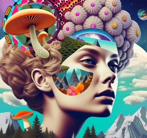 Prompt: a psychedelic collage reminiscent of 70s psychedelic sci fi collage artwork celebrating a girl on mushrooms. It is to feature a photograph of a woman with blond curly hair that is edited by splicing it with other images from photographs, magazines, newspapers, illustrations/paintings to create the impression she is high on magic mushrooms. The work will include such elements as a psychedelic 3rd eye open, stars and planets, trippy optical illusions and patterns, psilocybin cubensis mushrooms, fractals, UFOs, aliens, geometric shapes, auras, rainbow spectrums, sacred geometry, trippy drippy stuff, psychedelic hallucinations, open eyes, landscapes of astral worlds<mymodel>