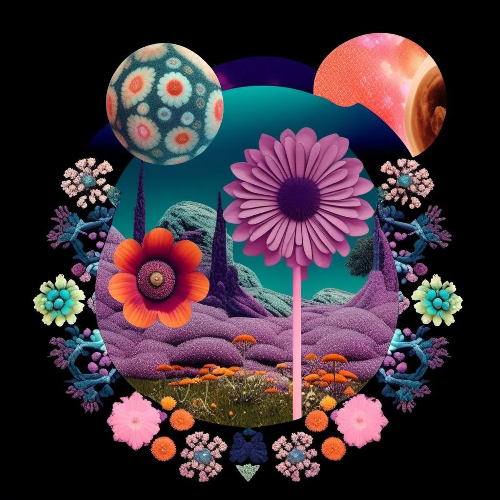 Prompt: A psychedelic collage evoking a vintage 70s sci fi feel but I stead of the sci-fi theme let’s do wildflowers. Photos and art of wildflowers spliced with things like psychedelic patterns/optical illusions, landscapes, geometry, mushrooms/fungus, insects, crystals, gemstones, the sun & moon, etc. Employ a pretty floral color pallet but keep that surreal feel in this natural organic psychedelic collage<mymodel> 