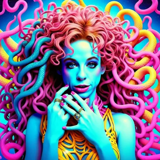 Prompt: A surreal, psychedelic portrayal of Medusa, where you, a caucasian slim woman with long wild pink very curly hair and piercing blue eyes, embody the mythical figure in a dreamlike, kaleidoscopic setting. Your pink curls morph into a cascade of neon, glowing snakes in shades of electric green, ultraviolet purple, and fiery orange, their scales shimmering like liquid crystal under a blacklight. The snakes coil and writhe around your head in hypnotic, fractal patterns, their eyes glowing with an otherworldly luminescence.

Your skin glows with iridescent hues, shifting between soft pastel pinks, radiant blues, and golden yellows, as though lit from within by the energy of the cosmos. The background is a swirling vortex of psychedelic patterns, reminiscent of the works of Alex Grey and Peter Max, with intricate mandalas, paisley designs, and spiraling galaxies in a vivid color palette of magentas, teals, and lime greens. 

The scene has a retro-futuristic, analog collage feel, with textures that resemble hand-painted brushstrokes and airbrushed gradients. The lighting is dramatic, almost celestial, with beams of light breaking through the swirling patterns, casting glowing highlights across your face and the snakes. The mood is seductive yet dangerous, with an aura of divine power and mystery.

Your blue eyes are mesmerizing, glowing like twin pools of bioluminescent light, drawing the viewer into your hypnotic gaze. The snakes seem alive with movement, their scales catching the light in dazzling, prismatic reflections. The outlines are soft and fluid, blending seamlessly into the background, giving the entire image a dreamlike, ethereal quality.
