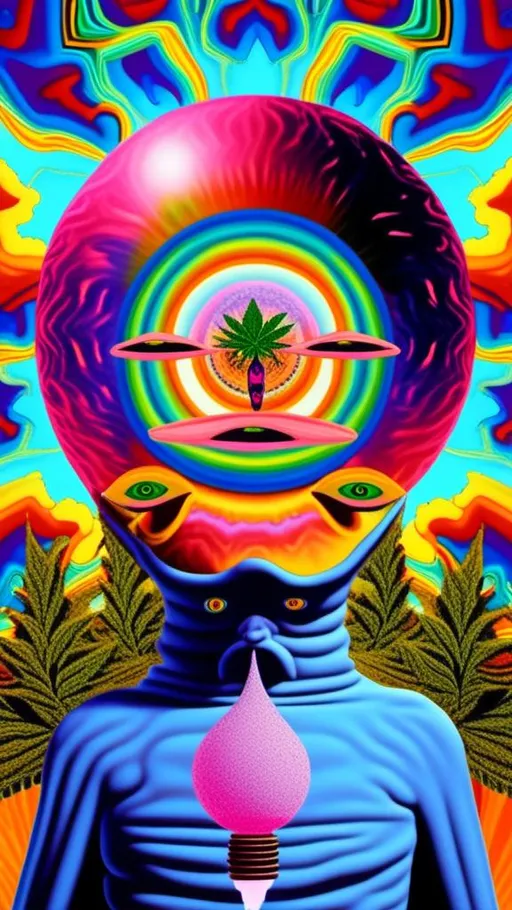 Prompt: A surreal vintage 70s psychedelic sci-fi collage involving- aliens, UFOs, cannabis, marijuana, aliens smoking reefer, aliens smoking weed out of a bong, spliced in with alien surreal landscapes, geometric shapes, optical illusions or trippy psychedelic patterns, planets and starts, rainbow spectrums<mymodel>