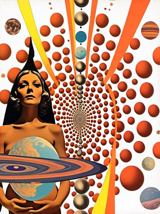 Prompt: A vintage 70s psychedelic collage with the theme “astral vacation”- incorporate themes of astral projection, the astral plane, the silver cord, use an astral brilliantly but sometimes muted opalescent color palette, & combine it all with planets, orbs, optical illusions and psychedelic trippy patterns, color spectrums as a surreal vintage psychedelic collage<mymodel>