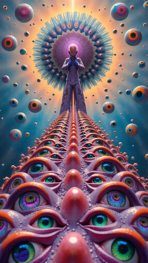 Prompt: In a dimension where quantum and math converge, a vibrant entity emerges, embodying reality as a construct. Its form pulses with colors—neon purples, electric oranges, and luminous turquoises—rippling like liquid light.

Surrounding it are psychedelic human eyes, each a kaleidoscope of patterns and colors. These eyes are mathematically arranged in logarithmic spirals and golden ratios, floating in the void with irises swirling in fractal designs, gazing deeply.

Below, rows of human mouths stretch out, adorned with vibrant, psychedelic lips. These mouths form intricate patterns, placed according to the Fibonacci sequence. Lips shimmer in iridescent hues, teeth within glistening like pearly fractals.

The background is a subtle, dreamlike wash of cosmic colors, highlighting the entity and features. It's an abstract canvas of soft blues and pinks, contrasting with the vivid foreground.

The entity stands as an anchor amidst the chaos of eyes and mouths, creating a hypnotic rhythm. This trippy landscape invites exploration of imagination's boundaries, questioning existence's nature, and reveling in the mathematical beauty of the human form in a universe where anything is possible.