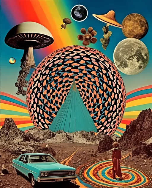 Prompt: L<mymodel> a vintage 70s psychedelic collage featuring photographs and art spliced together to produce an image that has the surreal feel of vintage 70s science fiction art but is a psychedelic college of the following elements, importance ranging from highest to lowest- trippy psychedelic patterns and optical illusion effects, mushrooms/fungus of all kinds in all colors of the rainbow, alien/desert/mountain landscapes, planets/moons/orbs, rainbow spectrums, colorful auras, cats, candy, insects, animals