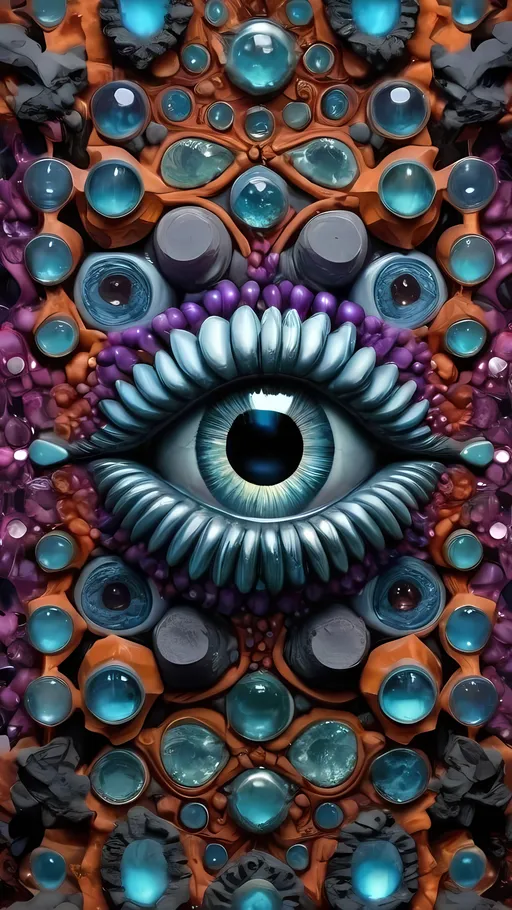 Prompt:  An extremely hyper-realistic, ultra-textural, weird, trippy, surreal, psychedelic pattern/design featuring eyes, teeth, mouths, & tongues. The design should be based on the “Mandelbrot” & “op art tiling” concepts, w/ an abundance of human eyes (crazy colorful compound psychedelic), rows of human teeth, human lips, & the elements, minerals, organisms: 
- titanium 
- silver
- Labradorite
- amethyst 
- moonstone
- black tourmaline
- clear quartz

**colors/lighting/Shapes/Forms/Textures**: 
- Main form: “Mandelbrot”
- Additional colors/shapes/forms/textures/arrangements determined by the natural properties/expressions of the listed elements, minerals, metals, & biological organisms. Capture their crystal structures, atomic arrangements, & natural formations. Express their raw, rough, & detailed textures, including crystal structures, surface finishes, & unique textural properties.
- Express the shapes, forms, structures, & arrangements of the listed elements, minerals, pigments, crystals, or biological organisms.
- Reflect intricate crystal structures, atomic arrangements, & natural formations.
- Integrate unique textural properties & surface characteristics into the pattern.
- Arrangement influenced by natural aggregates/combinations, creating a cohesive design.
-Intense, bright, reflective light
- Express the various lighting properties, effects, & illusions of listed elements, minerals, biological entities, & crystals.
- Capture interactions w/ light, including reflections, refractions, iridescence, & other optical phenomena. Use lighting to emphasize intricate details, textures, shapes, & forms.

