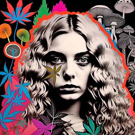 Prompt: <mymodel>Mixed media collage of a girl with long blond curly hair and blue eyes, black and white photograph, pops of vibrant color with cannabis leaves, mushrooms, smoke and fractals in the background, hand-colored, high contrast, psychedelic, detailed facial features, vintage style, atmospheric lighting