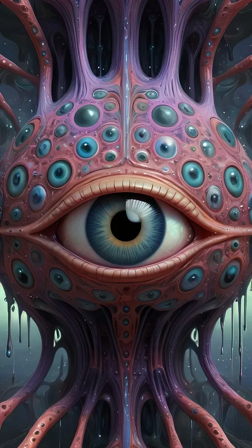 Prompt: Surreal psychedelic non-humanoid creature, ultra realistic hyperrealism beyond human comprehension, entity, trippy, crazy inhuman eyes, multidimensional, fractal, noneuclidien geometries geometric shapes tesseracts, melting, drips, hyper dimensional, drippy, aura, alien, extraterrestrial, extra dimensional,bizarre, ineffable, numinous, counsciousness, strange, unnerving but beautiful, biolocal, mechanical, blobs, atoms, particals, eyes