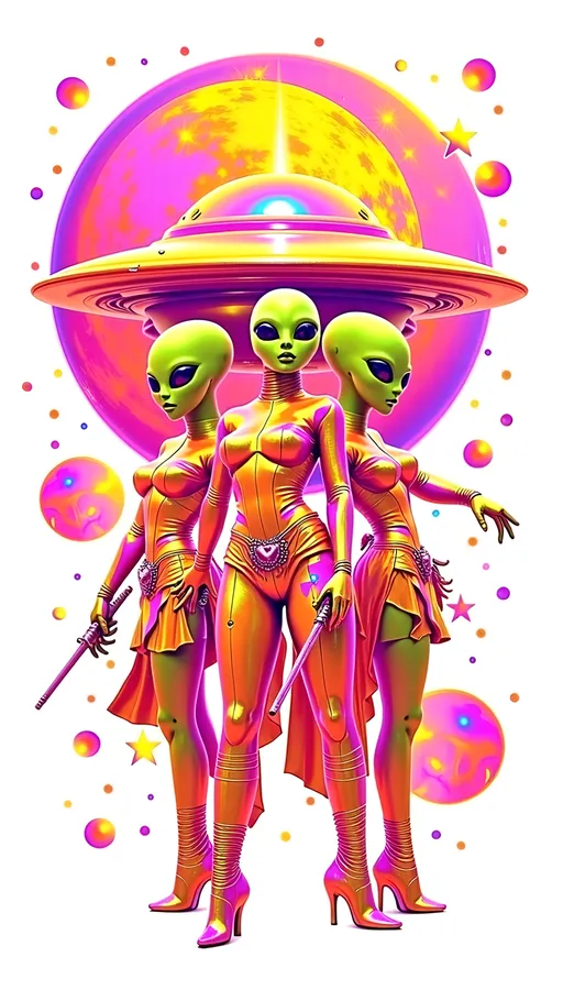 Prompt: **Space Hos - AI Art Prompt**

Create an artwork featuring the phrase "Space Hos" in a bold, sassy, girly futuristic tech font. The scene is populated by multiple striking green-skinned alien females, each exuding attitude and confidence. They are dressed in avant-garde high fashion with a futuristic edge, showcasing an array of intricate accessories that highlight their alien allure.

Each alien boasts a slightly conical-shaped bald head and large, almond-shaped black eyes, adding to their enigmatic charm. They pose with sass and poise, making a statement in the cosmic landscape.

Incorporate a vibrant UFO in the background, teeming with colorful lights that illuminate the scene. The setting is a bustling outer space landscape, complete with an alien planet, swirling asteroids, and cosmic phenomena. Alien glyphs are seamlessly integrated into the design, adding a mysterious layer.

The entire composition is busy and detailed, with every inch filled with tiny elements that captivate the viewer's attention. From the smallest star to the grandest asteroid, the scene is a masterpiece of cosmic chaos and extraterrestrial elegance.