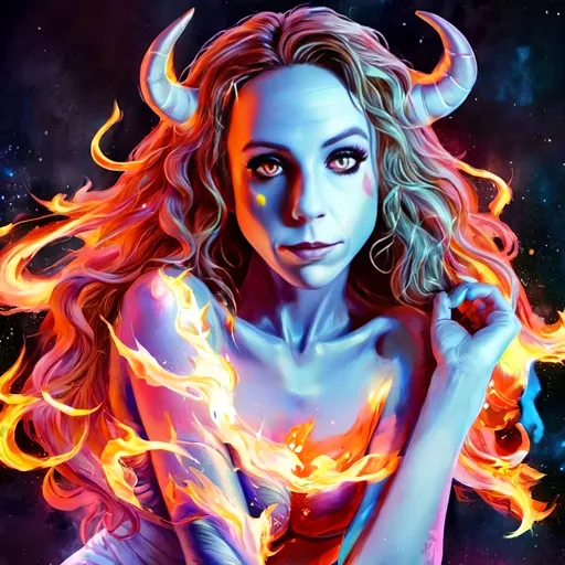 Prompt: Fiery neon kawaii poster illustration of a goat woman on fire, vibrant neon colors, long curly hair, glowing goat horns, cute goat eyes, hooves, woman-goat hybrid, poster art style, intense flames, high quality, detailed illustration, kawaii, vibrant colors, neon, fiery, goat woman, curly hair, glowing horns, poster art, intense flames, latex, vibrant lighting