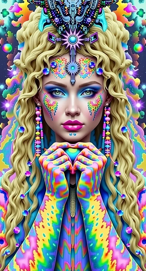 Prompt: Create a super hyperrealistic, finely detailed psychedelic Nouveau illustration of a Cosmic Jester. Feature the word "MERRYPRANXTER" worked organically into the background somehow.  This enchanting character is a merry prankster of the cosmos, an astral jokester dancing through time and space. She exudes a jester vibe, wearing feminine holographic jester attire & makeup with a feminine, harlequin twist. Not human, but humanoid, she is crafted from vibrant colored light, embodying an extra-dimensional extraterrestrial essence. Her presence is a beacon of joy, as she laughs and twirls through the cosmic astral realms, elevating vibes wherever she roams. 

Her beauty is otherworldly, with long, curly hair that shimmers like a cascade of colored light, appearing blonde yet transcending earthly hues. Her eyes sparkle with mischievous wisdom, and her attire is a dazzling array of intricate patterns and swirling colors, reminiscent of both jester garb and celestial phenomena.

Incorporate the text "the merrypranxter" above her in smaller, elegant lettering, seamlessly blending into the cosmic background. This text should capture the essence of her playful spirit, as if it were a whisper from the universe itself. The illustration should radiate her vibrant energy, portraying her as a timeless wanderer spreading joy and wonder throughout the cosmos.