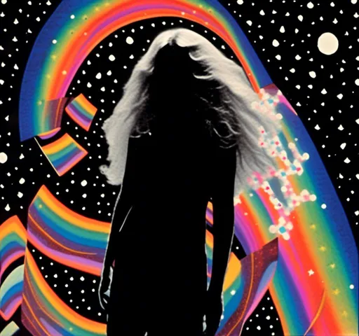 Prompt: <mymodel>Mixed media collage of an astral entity in the astral realms in outer space but also another beautiful glowing dimension of radiance
And love and light. She has long blond curly hair and appears as a photograph, maybe black and white or halftone, while the mixed media colors and sparkles and sacred geometries of the astral dimension swirls around her and out of her in the form of paint, foils, glitter, sparkles, rainbows, auras, sequins, enamels, rhinestones, thread, broken glass, etc