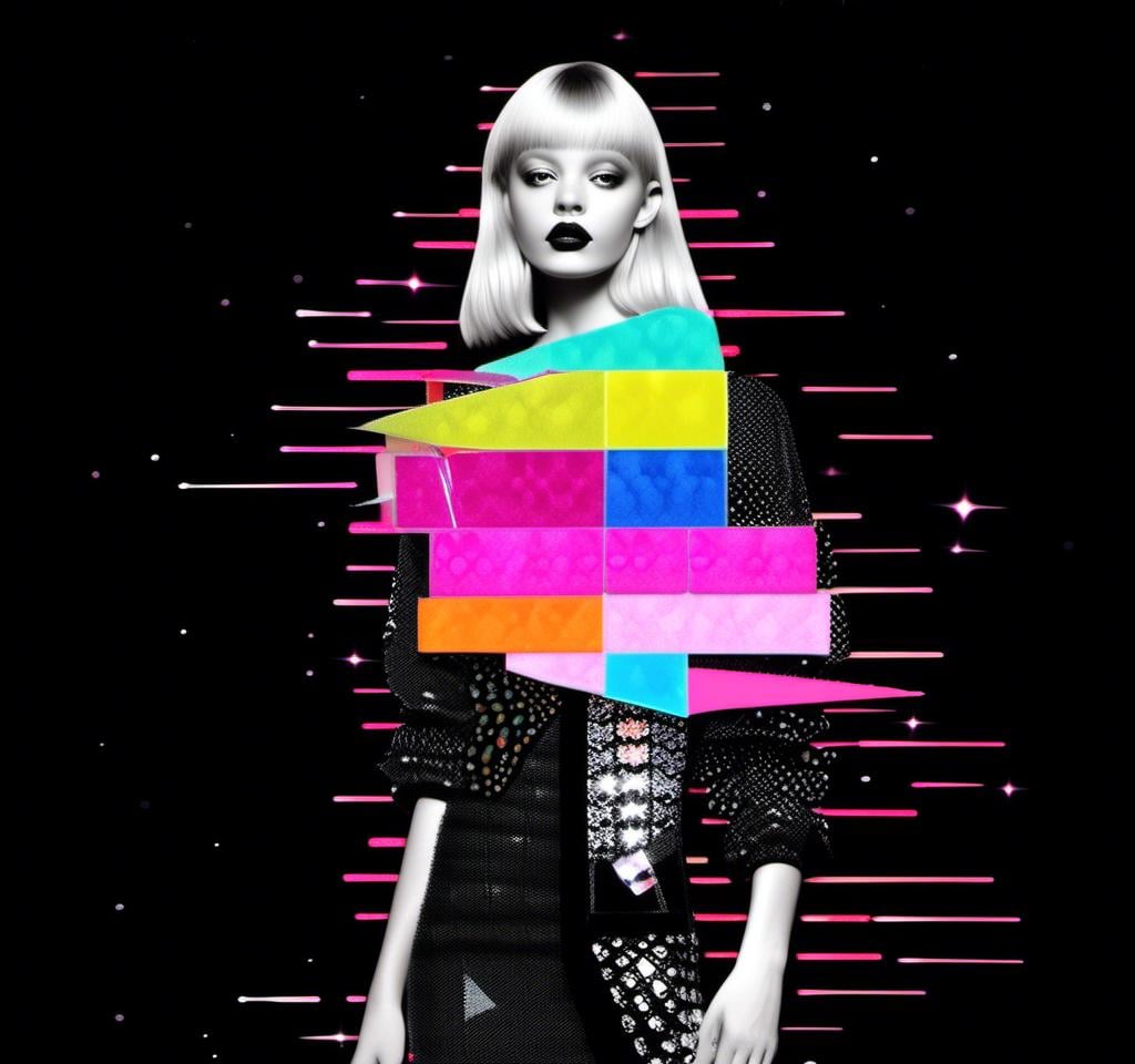 Prompt: A mixed media collage featuring a black and white photograph of a girl that is cut and spliced with mixed media stuff to create a disco inferno vibe. Neon retro disco colors, disco balls, colored lights, disco style and aesthetic utilizing but not limited to paints, enamels, glitters, metallic foils, rhinestones, marker, paintbdrips and spatter, torn or cut paper, folded paper, sequins, shiny holographic finishes explode from the photo of the girl and radiate out into the background <mymodel>