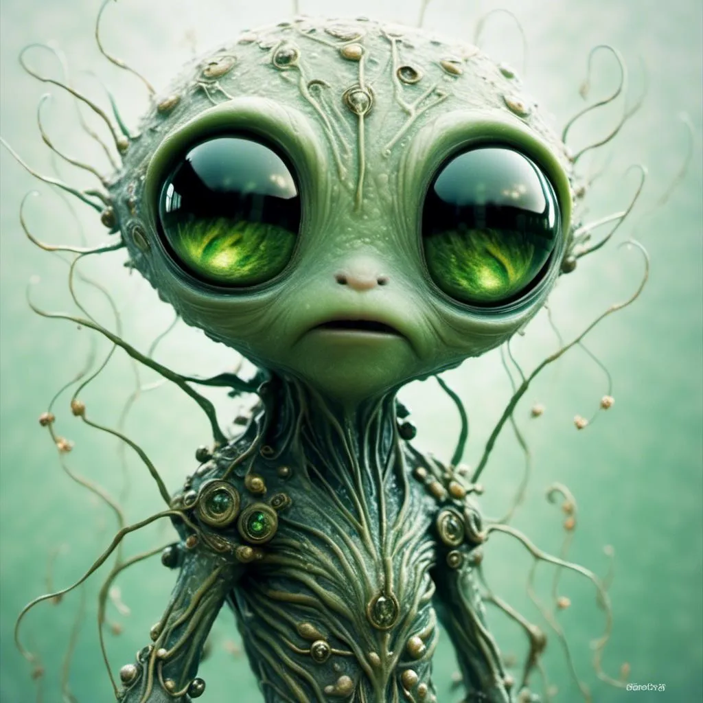 Prompt: <mymodel> Extremely hyperrealistic alien, little green man, extraterrestrial, trippy, surreal, odd, weird, unsettling, multidimensional,  outer space, alien planet, asteroids, small humanoid figure with smooth green skin, big head, almond shaped solid black eyes, retrofuturistic, , translucent, silver, white, gray, ultra textural, ufo, flying saucer, green, pink, orange, yellow, silver metallic, spaceship, led lights, futuristic