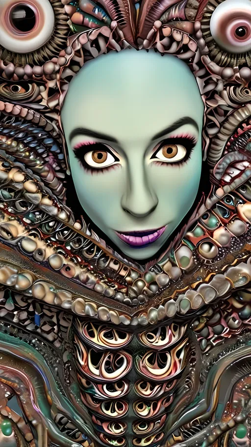 Prompt: an extremely hyper realistic ultra super textural weird trippy surreal psychedelic entity, Cardioid Curves, ,,, translucent, pearlescent finish, silver, pyrite, quartz,, clear, bright vivid teals, blues, pinks/yellows/greens, black charcoal, lots and lots of light, lots of crazy colorful compound psychedelic human eyes, rows of human teeth, fungus,  atoms, diatoms,, Cardioid Curves