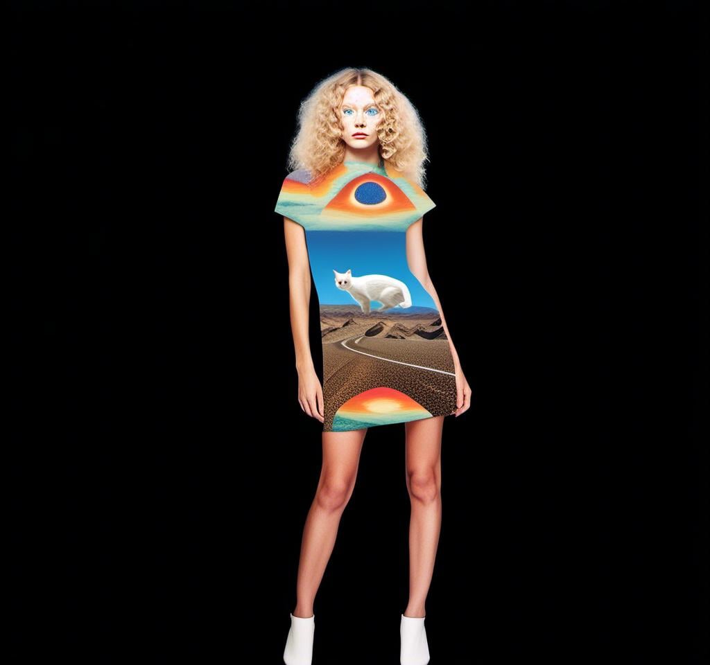 Prompt: A psychedelic collage featuring a photograph of a woman with blond curly long hair. The photo is cut and spliced with other photos - of cats, eyes, body parts, roads, landscapes, trippy optical illusion patterns, pickles, hamburgers, realistic  desert, alien  landscapes, geometric shapes etc in such a way that she has a psychedelic open third eye, in a psychedelic cut and paste collage <mymodel>