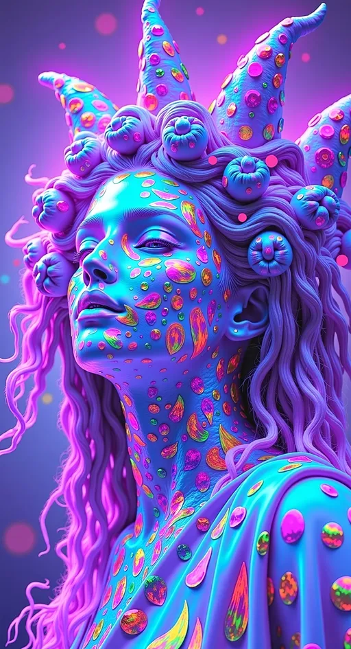 Prompt: Create a super hyperrealistic, finely detailed psychedelic Nouveau illustration of a Cosmic Jester. Feature the word MERRYPRANXTERworked organically into the background somehow.  This enchanting character is a merry prankster of the cosmos, an astral jokester dancing through time and space. She exudes a jester vibe, wearing feminine holographic jester attire & makeup with a feminine, harlequin twist. Not human, but humanoid, she is crafted from vibrant colored light, embodying an extra-dimensional extraterrestrial essence. Her presence is a beacon of joy, as she laughs and twirls through the cosmic astral realms, elevating vibes wherever she roams. 

Her beauty is otherworldly, with long, curly hair that shimmers like a cascade of colored light, appearing blonde yet transcending earthly hues. Her eyes sparkle with mischievous wisdom, and her attire is a dazzling array of intricate patterns and swirling colors, reminiscent of both jester garb and celestial phenomena.

Incorporate the text "the merrypranxter" above her in smaller, elegant lettering, seamlessly blending into the cosmic background. This text should capture the essence of her playful spirit, as if it were a whisper from the universe itself. The illustration should radiate her vibrant energy, portraying her as a timeless wanderer spreading joy and wonder throughout the cosmos.