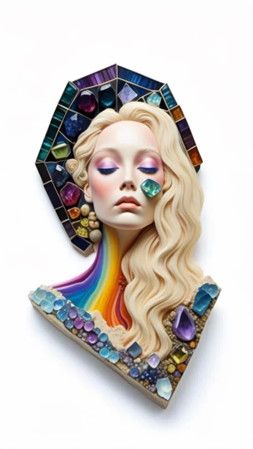 Prompt: <mymodel>Blonde woman with long curly hair, giant gem set eyes, psychedelic hallucination, rainbow fractals, geometry, inlaid precious gemstones, crystals, high quality, surreal, gemstone mosaic, detailed hair, vibrant colors, hallucinatory atmosphere, mesmerizing, otherworldly, natural lighting