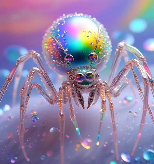 Prompt: <mymodel>extremely hyperrealistic extremely high textural beautiful female sentient spider entity, arachnid woman,8 eyes, humanoid, human woman with spider features, lots of light, extreme organic textures, white, translucent, bright pastel colors, oil slick rainbow sheen effect, silver, chrome, crystals, 
Arachnid, cephalothorax, abdomen, pedipalps, chelicerae, fangs, spinnerets, silk glands, book lungs, tracheae, 