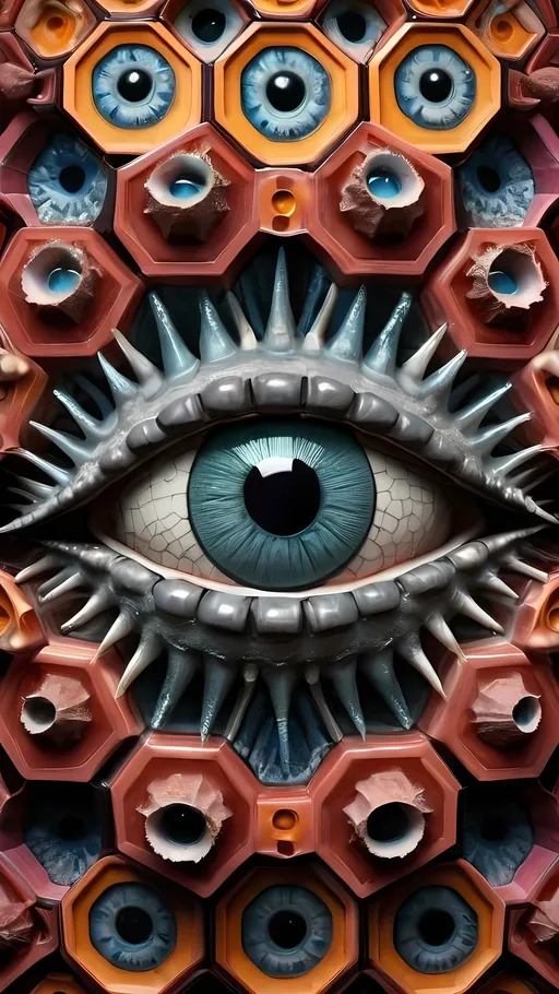 Prompt: Create an extremely hyper-realistic, ultra super textural, weird, trippy, surreal, psychedelic eyes/teeth/mouth pattern/design based on “Sierpiński Hexagon” & “ Escheresque tiling” with lots of human eyes (crazy colorful compound psychedelic), rows of human teeth, human lips, and tongues. 

- **Colors**: determined by the properties and expressions of the elements (& their isotopes), minerals, and metals: Tantalum (Ta), “Fusarium verticillioides”, Hematite, Crocoite, garnet, Trichroism

**Shapes and forms**
- “Sierpiński Hexagon”
- "Escheresque tiling" 
-other shapes determined by the natural properties and expressions of the elements (& their isotopes), minerals, metals, and biological organisms: diatoms, Tantalum (Ta), Hematite, Crocoite, garnet 


- **Textures**: Derived from any/all elements (& their isotopes), minerals, metals, crystals, organic things mentioned in this prompt: Tantalum (Ta), “diatoms”, Hematite, Crocoite, garnet

**Composition and Layout**:
- a pattern/design based on the “Escheresque tiling” & “Sierpiński Hexagon”  

**Lighting**:
- Trichroism


**Detail and Atmosphere**:
- Extreme hyperrealistic sharp high detail high definition organic and mineral textures
- Psychedelic, weird, odd, surreal atmosphere
- Frozen in time

**Additional Elements**:
- extra rows of teeth, lips, many eyes, diatoms, Op Art tiling, “Sierpiński Hexagon” , Aventurescence, Chatoyancy
