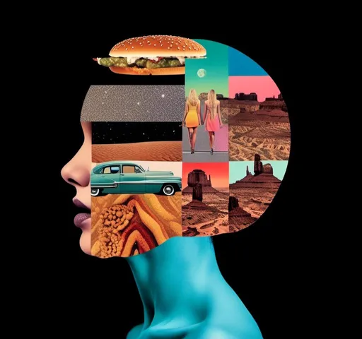Prompt: A psychedelic collage featuring a photograph of a woman with blond curly long hair. The photo is cut and spliced with other photos - of cats, roads, landscapes, trippy optical illusion patterns, pickles, hamburgers, realistic  desert, alien  landscapes, geometric shapes in a psychedelic cut and paste collage <mymodel>