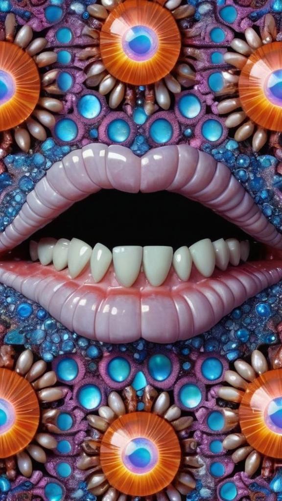 Prompt: Create an extremely hyper-realistic, ultra super textural, weird, trippy, surreal, psychedelic eyes/teeth/mouth pattern/design based on Mandelbrot & “Op Art tiling” with lots of human eyes (crazy colorful compound psychedelic), rows of human teeth, human lips, and tongues. 

- **Colors**: determined by the properties and expressions of the elements (& their isotopes), minerals, and metals: opal, moonstone, Kunzite, selenite, rose quartz, Platinum (Pt)

**Shapes and forms**
- Mandelbrot 
- "Op Art tiling" 
-other shapes determined by the natural properties and expressions of the elements (& their isotopes), minerals, metals, and biological organisms: opal, moonstone, Kunzite, selenite, rose quartz,  Platinum (Pt)


- **Textures**: Derived from any/all elements (& their isotopes), minerals, metals, crystals, organic things mentioned in this prompt: opal, moonstone, Kunzite, selenite, rose quartz, Platinum (Pt)

**Composition and Layout**:
- a pattern/design based on the Op Art tiling & Mandelbrot 

**Lighting**:
- lots of bright light
- Iridescence
- Aventurescence
- Chatoyancy
- Asterism

**Detail and Atmosphere**:
- Extreme hyperrealistic sharp high detail high definition organic and mineral textures
- Psychedelic, weird, odd, surreal atmosphere
- Frozen in time

**Additional Elements**:
- extra rows of teeth, lips, many eyes, Op Art tiling, Mandelbrot, Iridescence
