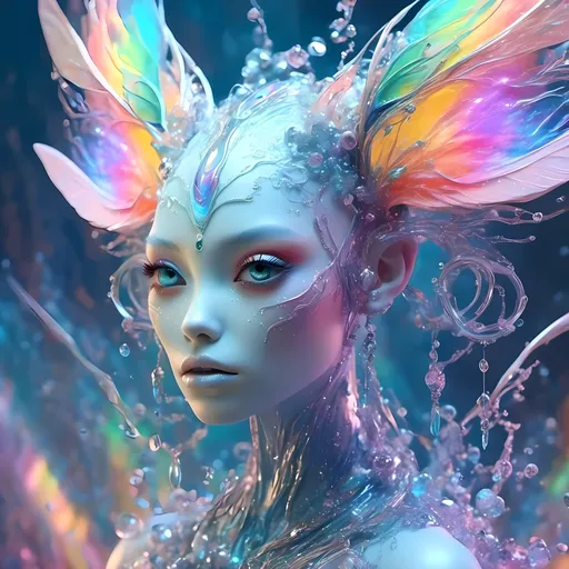 Prompt: <mymodel>beautiful female sentient rainbow entity with silver, opalescent, iridescent, bismuth crystals, rainbow oil slick sheen effect, white, translucent, bright pastel colors, lots of light, 