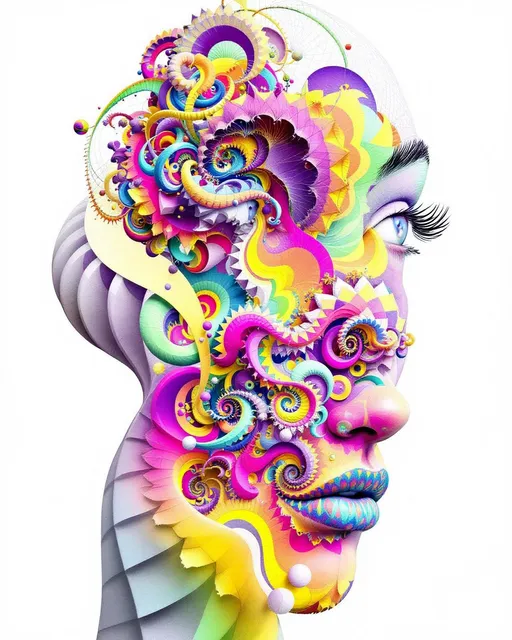Prompt: A hyper-stylized female face built from recursive fractal structures, suspended in a dual lattice: the Fractal Memory Field interwoven with the Chromaflux Constraint Net. Facial features dissolve into layered spirals and mirrored topologies, while color flows act as binding agents — luminous tendrils of saturated light tracing mathematical constraints. Every recursion echoes not just shape but chroma: spectral feedback loops, iridescent light pulses, and glowing constraint patterns ripple outward. The grid warps with color pressure — forming aurora veils, color-braids, and radiant logic curves. Maximalist, ultra-bright, psychedelic geometry, rich with mathematical tension and color intelligence.”
